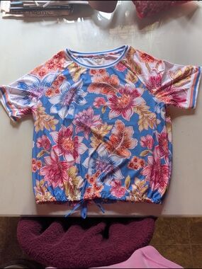 Johnny Was Light Blue Floral Active Top with Pink Accents